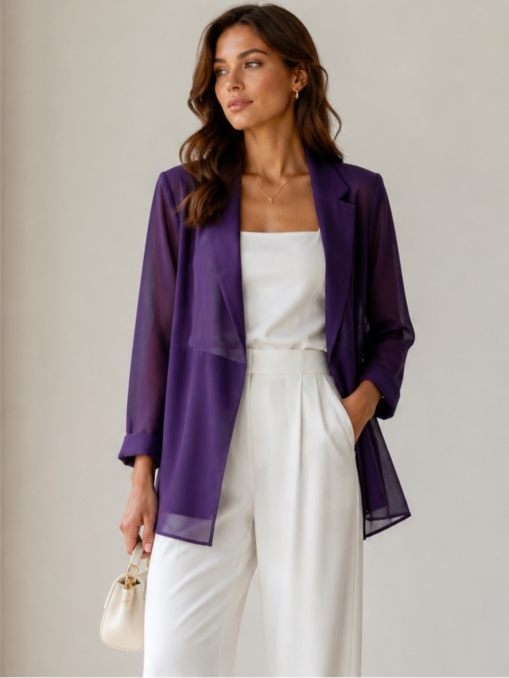 PENNINGTONS | Mix Fabric Sheer Solid Purple Open-Front Blazer Lightweight Jacket